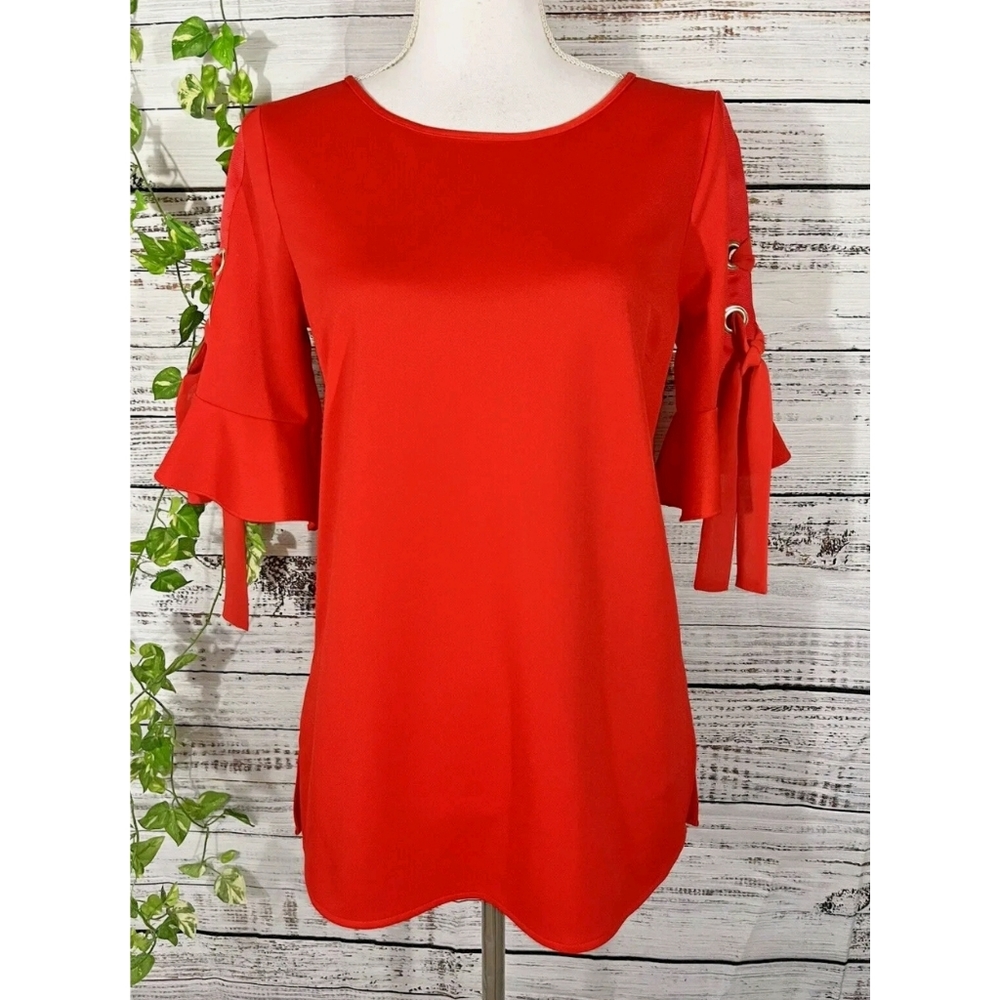 Renuar Lace Up Sleeve Ruffle Top